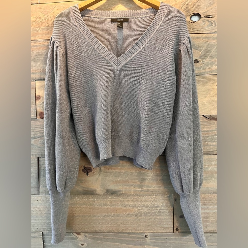 SHIMMER SPARKLE GREY BALLOON PUFF SLEEVE HOLIDAY PARTY SWEATER LARGE